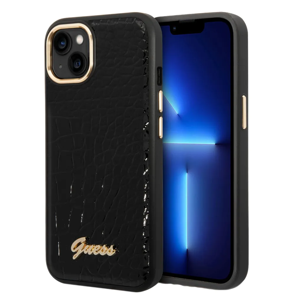 Guess PU Croco Case mit Metall Kamera Umriss für Apple iPhone 14 Plus - Schwarz