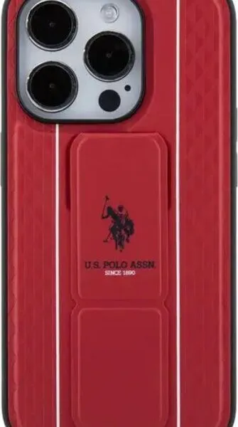 U.S. Polo Assn. PU Leather Textured Pattern Gripstand Case for iPhone 15 Pro Max - Red