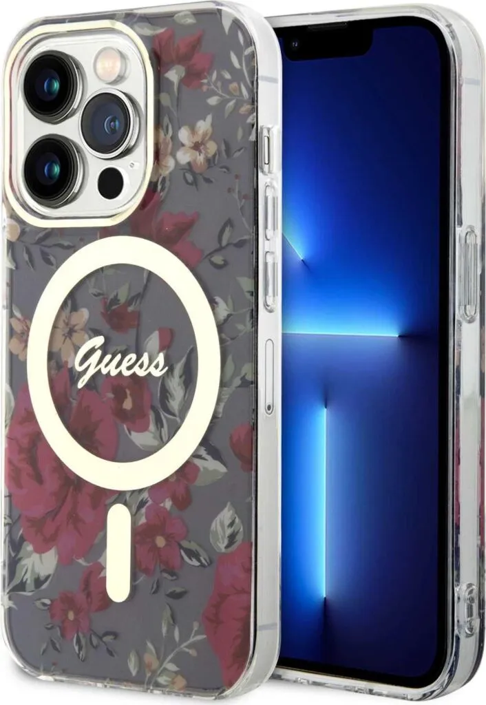 Guess Magsafe Hülle with Flower Pattern für iPhone 15 Pro - Kaki