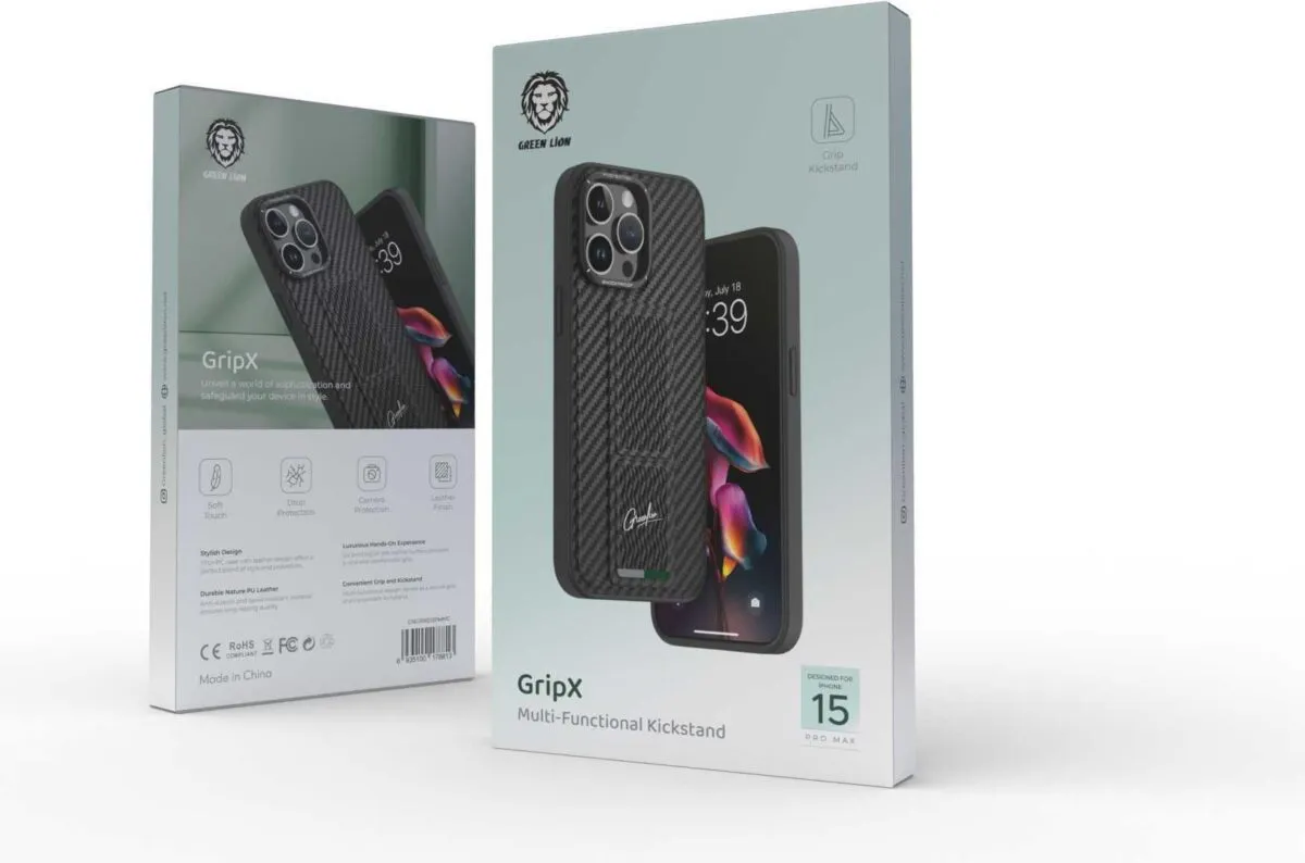 Green Lion GripX Case with Kickstand for iPhone 15 Pro Max - Matte Carbon Leather