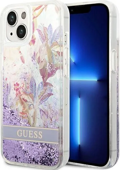 Guess Liquid Glitter Case With Flower Pattern For iPhone 14 Plus - Purple