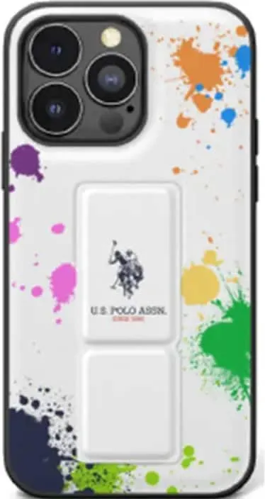 U.S.Polo Assn. PU Leather Gripstand with Paint White Pattern Case for iPhone 15 Pro