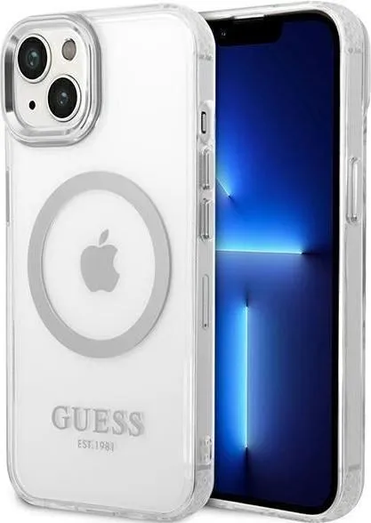 Guess Outline Transparent MagSafe Case for iPhone 14 Plus – Silver