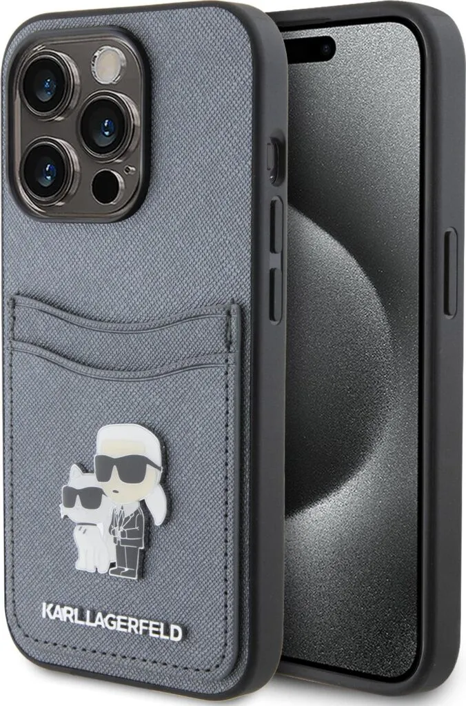 Karl Lagerfeld Saffiano Case with Cardslots and Karl Legerfeld Choupette Heads For iPhone 15 Pro Max