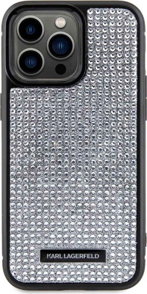 Karl Lagerfeld Rhinestone with Logo Metal Plate Case for iPhone 15 Pro -Silver