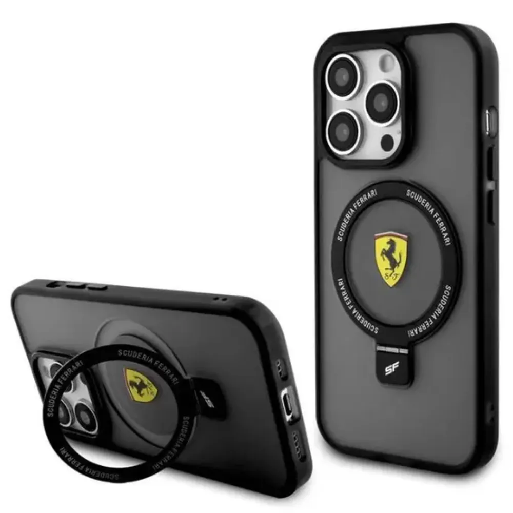 Ferrari Magsafe Ring Stand Hülle für Apple iPhone 15 Pro Max - Schwarz