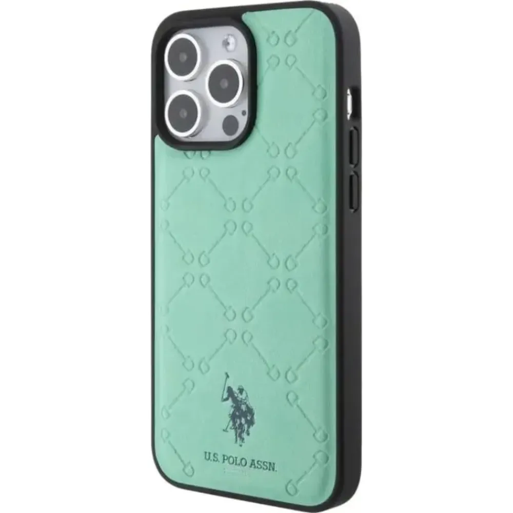 US Polo Lederhülle mit HS Muster für Apple iPhone 15 Pro Max - Grün