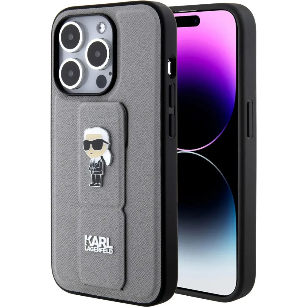 Karl Lagerfeld Leder Grip Hülle für Apple iPhone 15 Pro Max - Silber