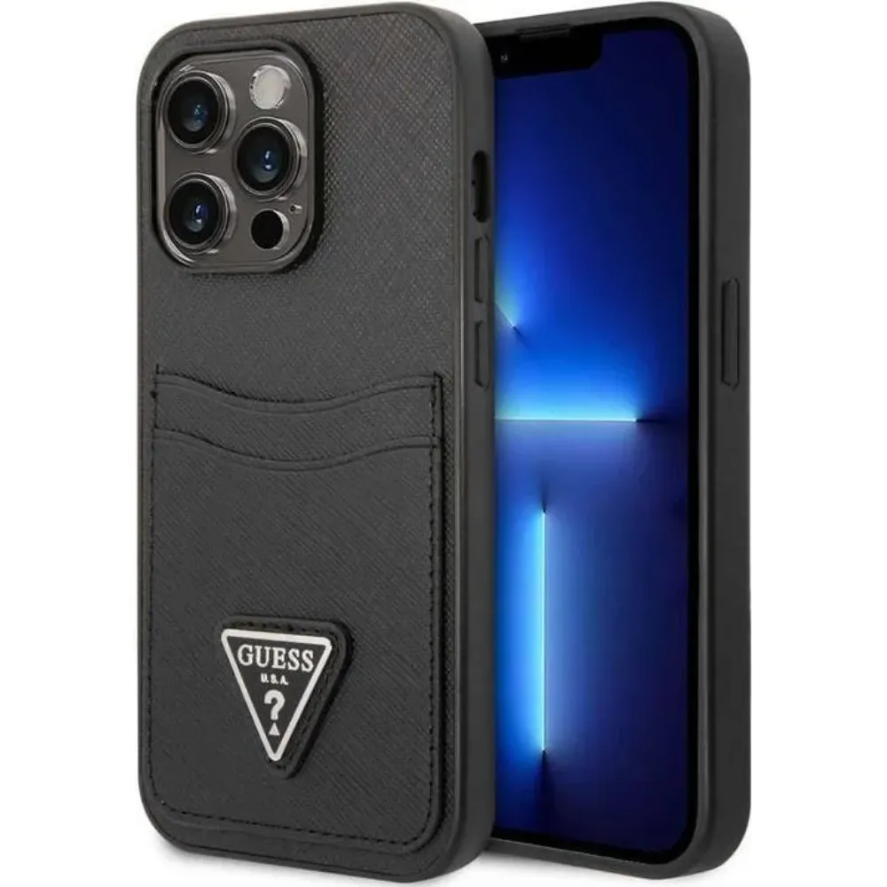 Guess Saffiano Hülle doppeltes Kartenfach für Apple iPhone 15 Pro - Schwarz