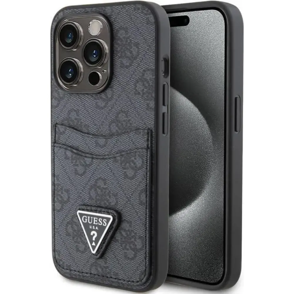 Guess Lederhülle mit doppeltem Kartenfach für Apple iPhone 15 Pro - Schwarz