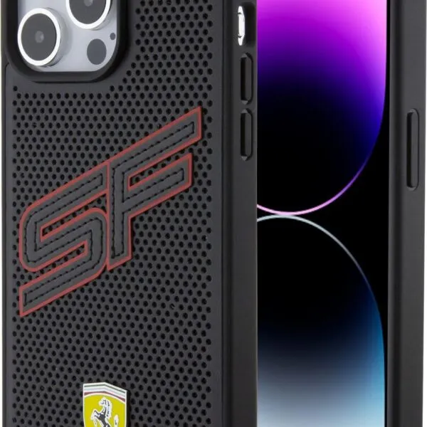 Ferrari PU Leather Case with Big SF Perforated Design for iPhone 15 Pro Max - Black