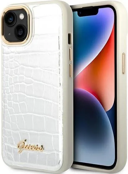 Guess Pu Croco Case With Metal Camera Outline For iPhone 14 Plus - Silver