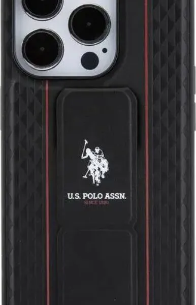 U.S. Polo Assn. PU Leather Textured Pattern Gripstand Case for iPhone 15 Pro Max - Black
