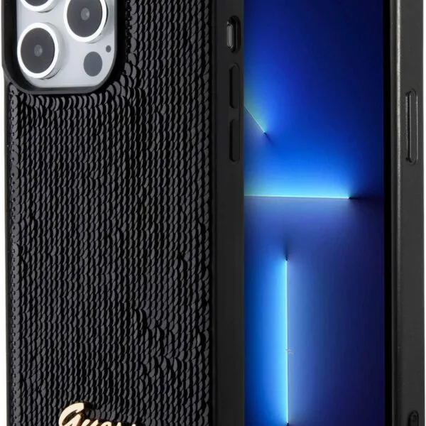 Guess Sequin Script Case with Guess Metal Logo for iPhone 15 Pro - Black