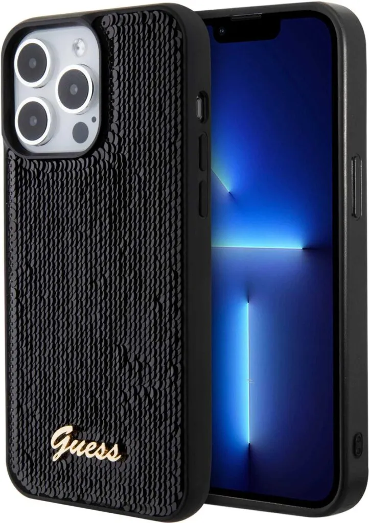 Guess Sequin Script Case with Guess Metal Logo for iPhone 15 Pro - Black