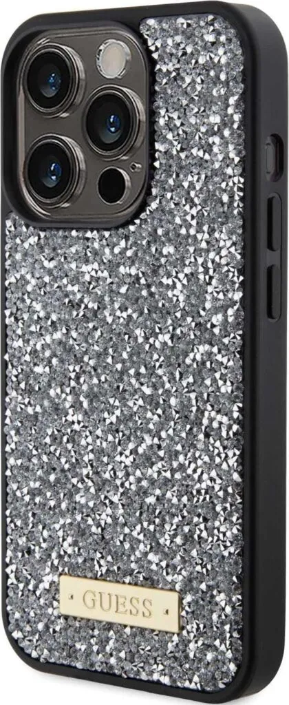 Guess Rhinestone Case with Metal Logo for iPhone 15 Pro Max - Clear