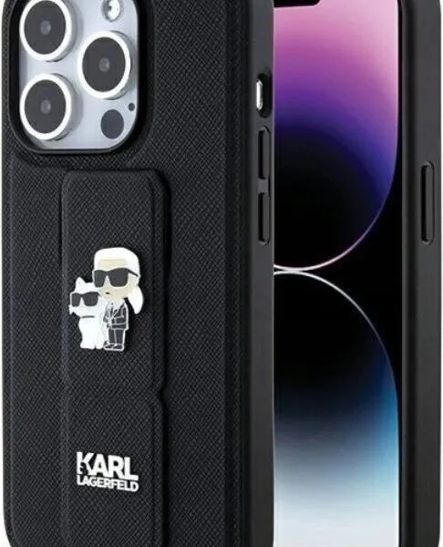 Karl Lagerfeld Saffiano Leather Grip Case with Karl & Choupette Logo for iPhone 15