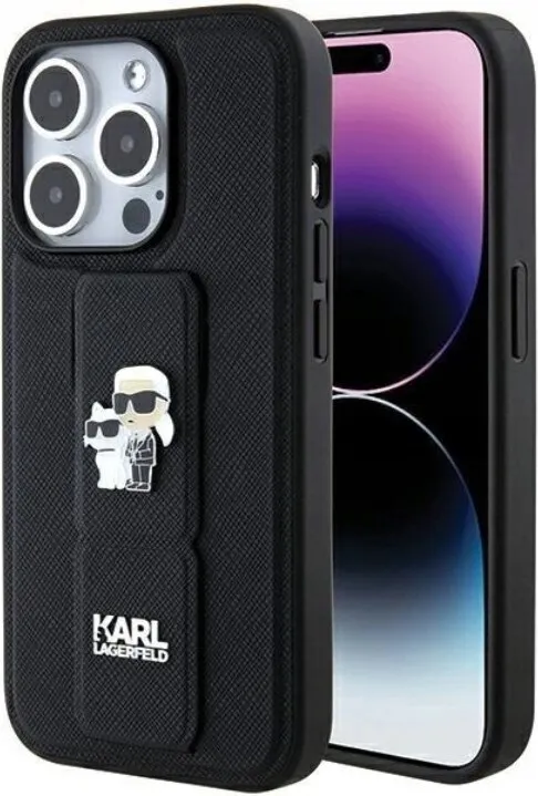 Karl Lagerfeld Saffiano Leather Grip Case with Karl & Choupette Logo for iPhone 15