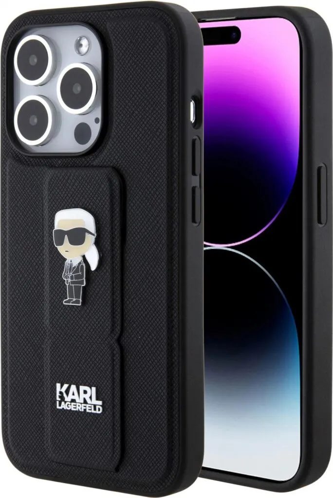 Karl Lagerfeld Saffiano Leather Grip Case with Karl & Choupette Logo for iPhone 15