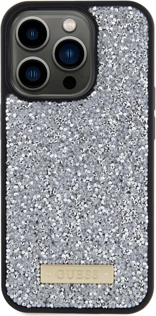 Guess Rhinestone Case with Metal Logo for iPhone 15 Pro - Clear