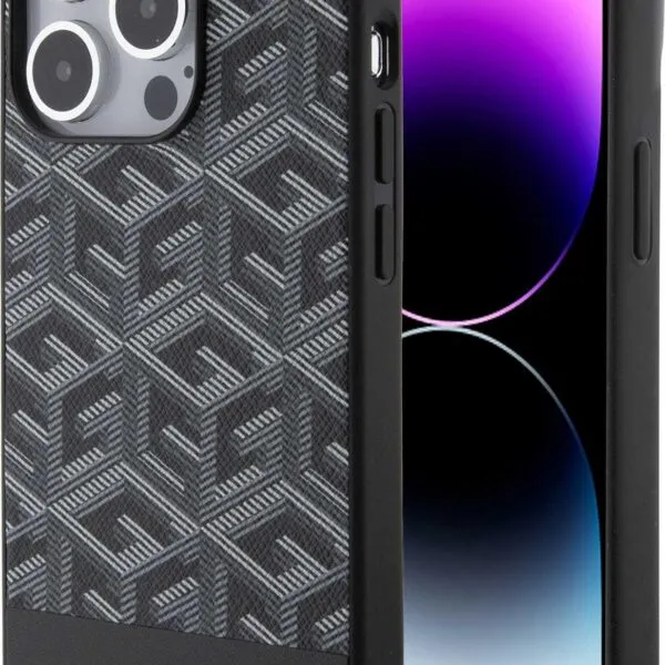 Guess Magsafe Leather Case with Gcube Stripe Pattern For iPhone 15 Pro Max - Black