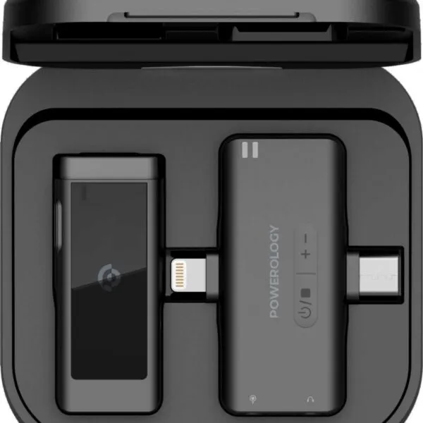 Powerology MFI Dual Connector Wireless Lavalier Microphone x1 Mic 1000mAh - Black