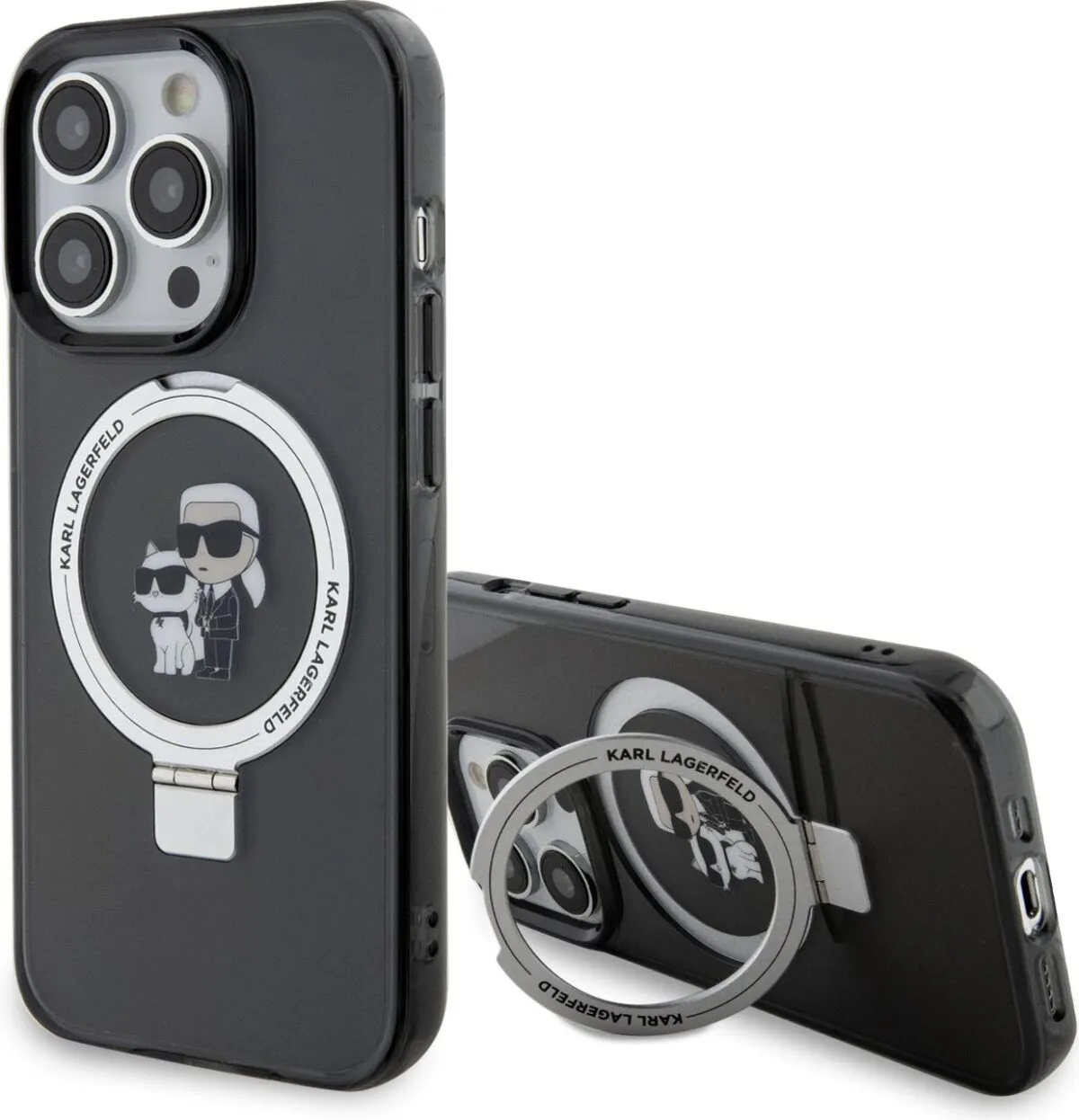 Karl Lagerfeld Magsafe Ringstand Case with Karl & Choupette Heads for iPhone 15 Pro Max - Black