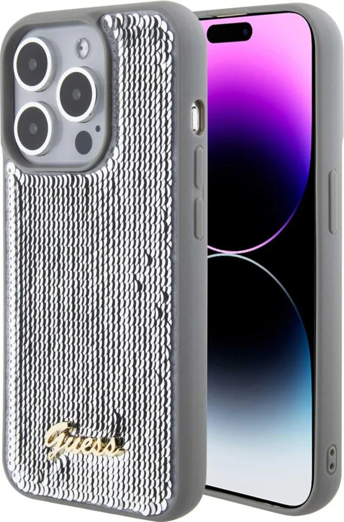 Guess Sequin Script Case with Guess Metal Logo for iPhone 15 Promax - Silver