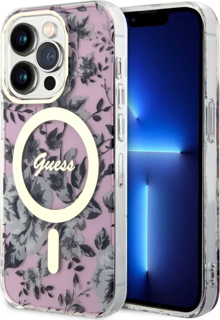 Guess Magsafe IML Case with Flower Pattern For iPhone 15 Pro Max - Pink