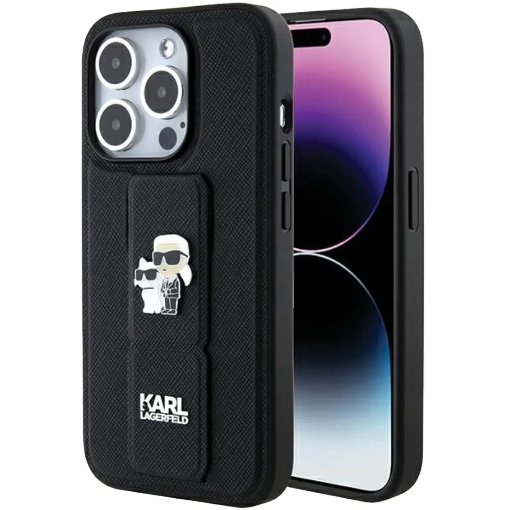 Karl Lagerfeld Gripstand Saffiano Case Karl Choupette iPhone 15 Pro - Schwarz