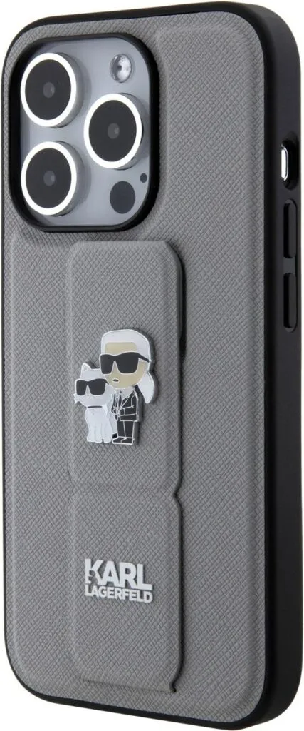 Karl Lagerfeld Saffiano Leather Grip Case with Karl & Choupette Logo for iPhone 15