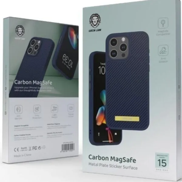 Green Lion Carbon Magsafe Metal Plate Case for iPhone 15 Pro Max - Blue