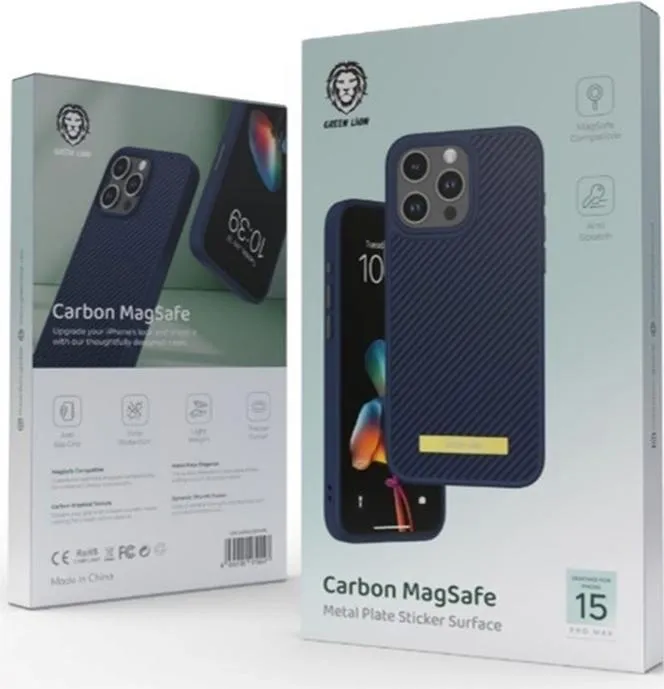 Green Lion Carbon Magsafe Metal Plate Case for iPhone 15 Pro Max - Blue