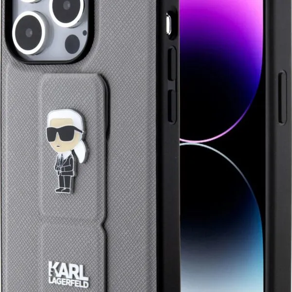 Karl Lagerfeld Saffiano Leather Grip Case with Karl & Choupette Logo for iPhone 15