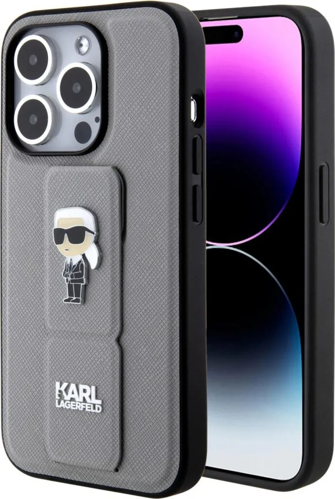 Karl Lagerfeld Saffiano Leather Grip Case with Karl & Choupette Logo for iPhone 15