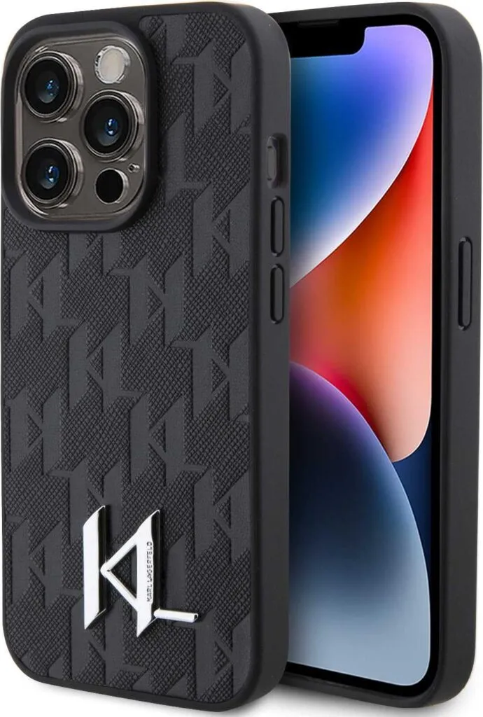 Karl Lagerfeld Hot Stamp Hard Case with Monogram KL Metal Logo for iPhone 15 Pro