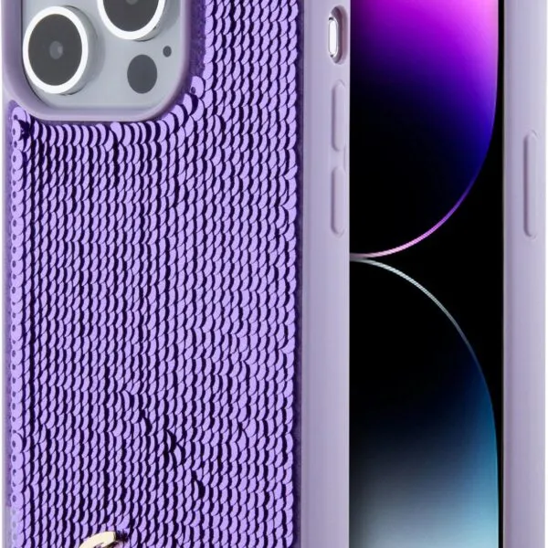 Guess Sequin Script Case with Guess Metal Logo for iPhone 15 Pro - Purple