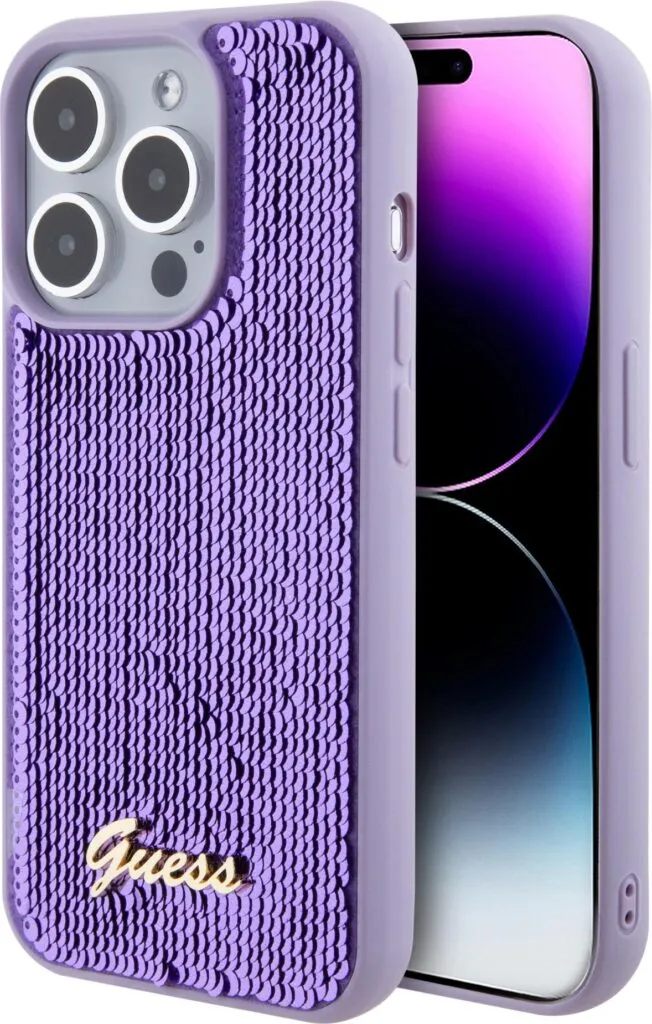 Guess Sequin Script Case with Guess Metal Logo for iPhone 15 Pro - Purple