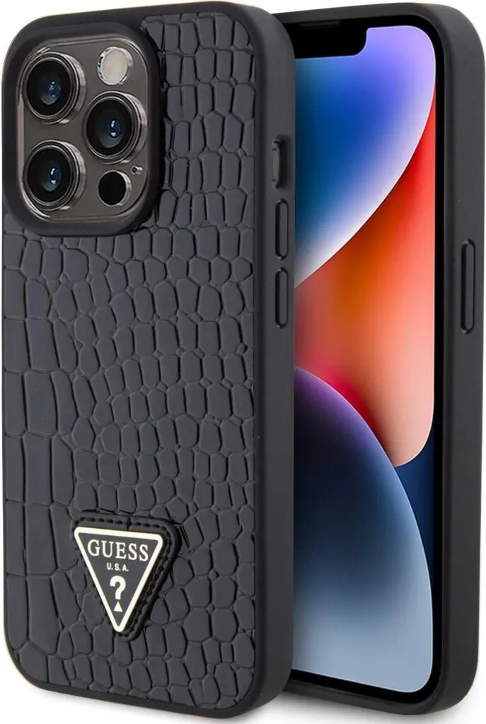 Guess Croco Case with Triangle Logo for iPhone 15 Pro - Black