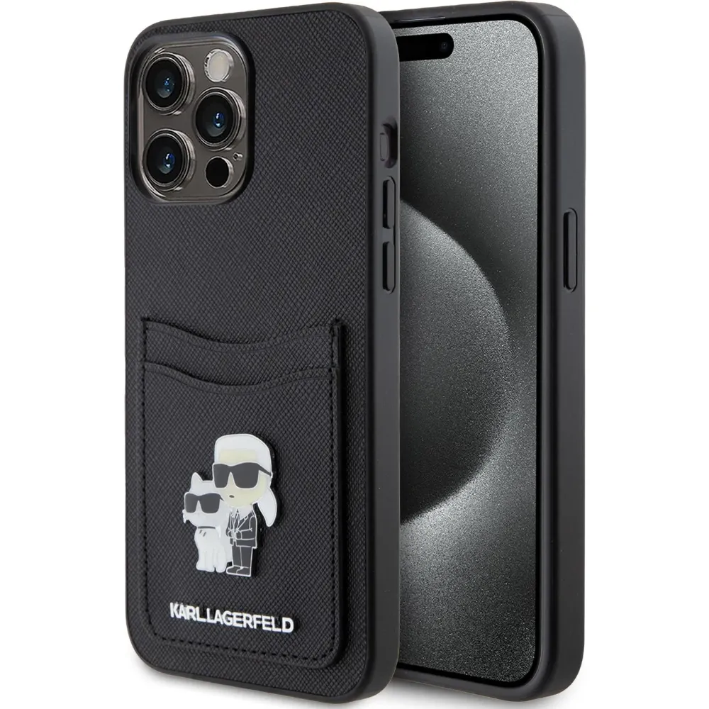 Karl Lagerfeld Saffiano Hülle mit Kartenfächern für Apple iPhone 15 Pro - Schwarz