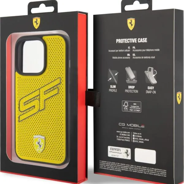 Ferrari PU Leather Case with Big SF Perforated Design for iPhone 15 Pro - Yellow