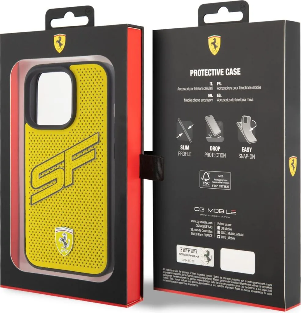 Ferrari PU Leather Case with Big SF Perforated Design for iPhone 15 Pro - Yellow