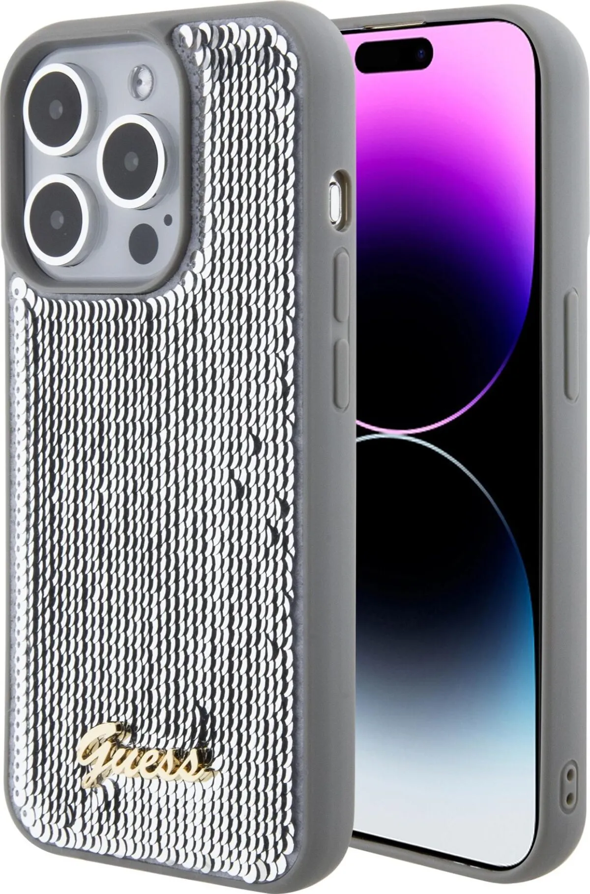 Guess Sequin Script Case with Guess Metal Logo for iPhone 15 Pro - Silver