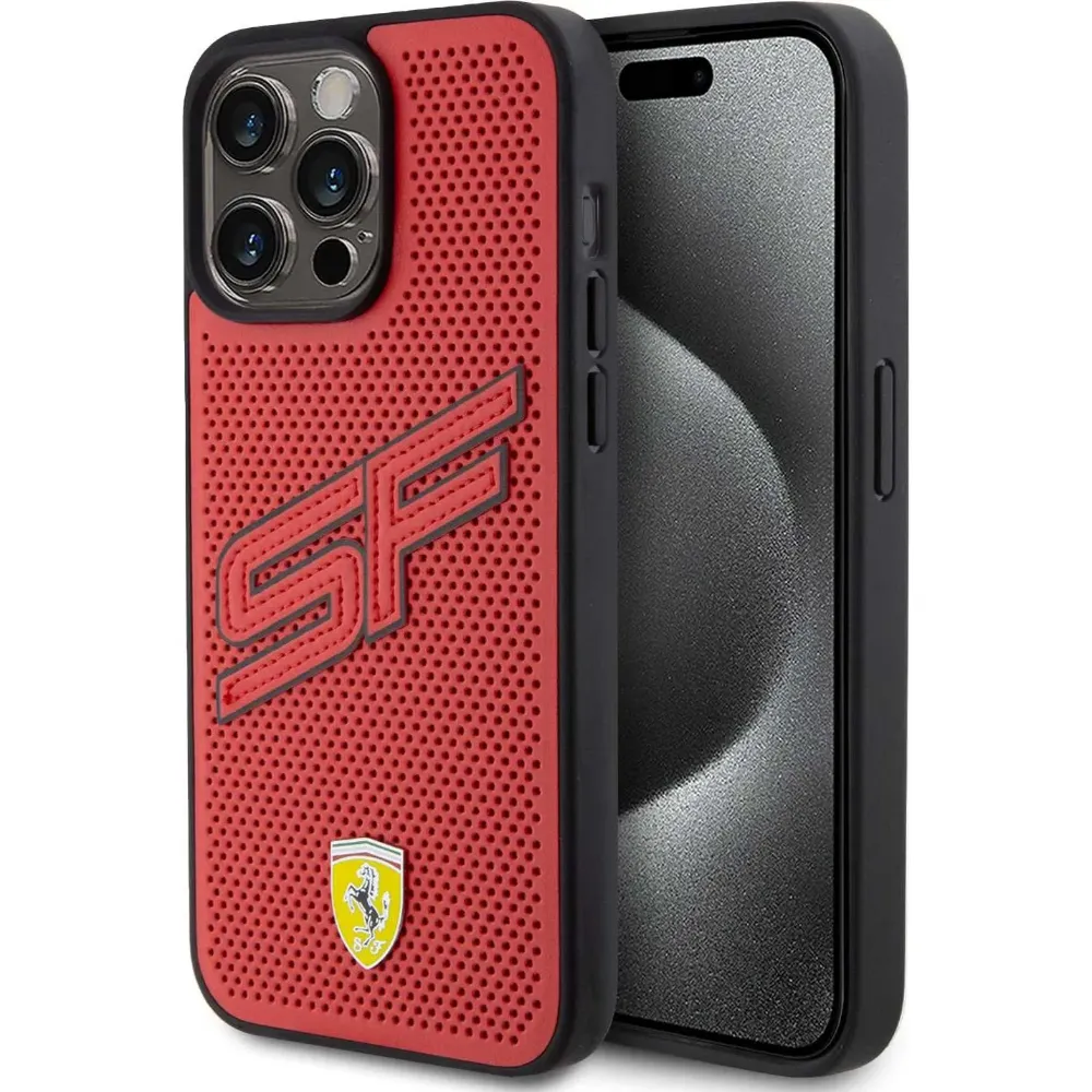 Ferrari Lederhülle mit SF-Perforationsdesign für Apple iPhone 15 Pro - Rot