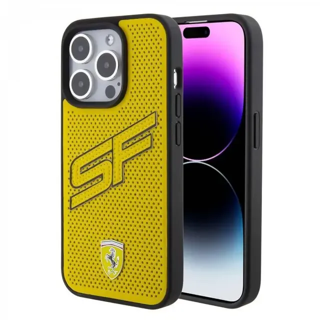 Ferrari Lederhülle mit SF-Perforationsdesign für Apple iPhone 15 Pro - Gelb