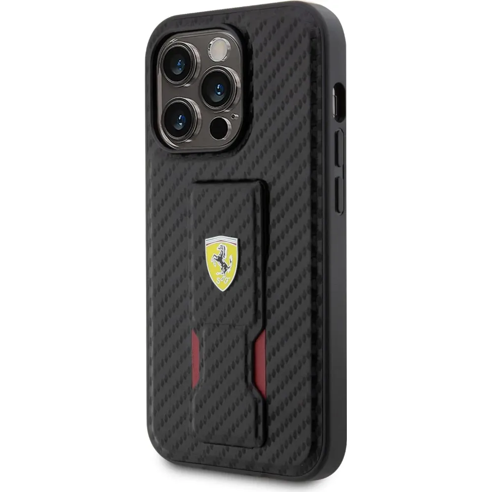 Ferrari Gripstand Carbon Hülle für Apple iPhone 15 Pro - Schwarz