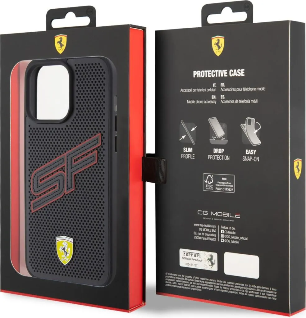 Ferrari PU Leather Case with Big SF Perforated Design for iPhone 15 Pro - Black