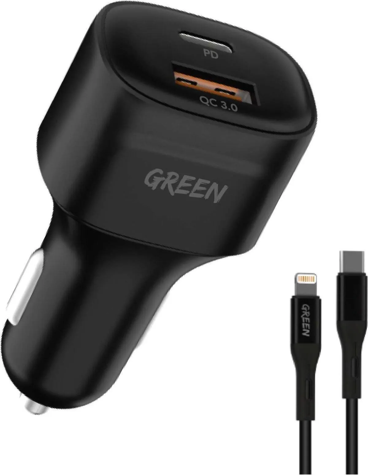 Green Lion Dual Port Car Charger with PVC Type-C to Lightning