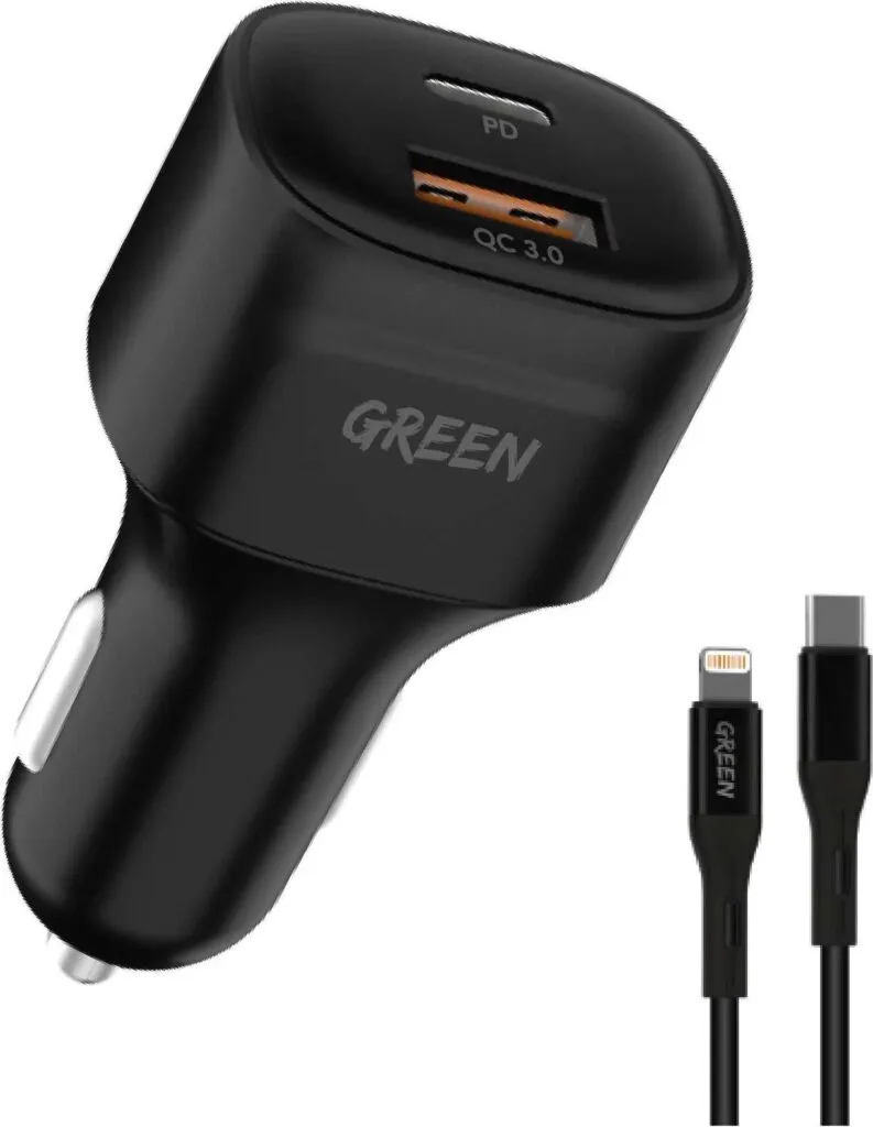 Green Lion Dual Port Car Charger with PVC Type-C to Lightning