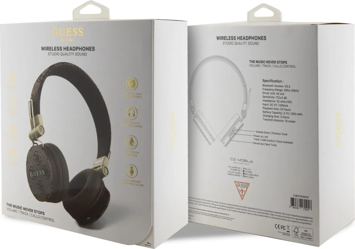 Guess Wireless Headphones 4G PU Leather with Metal Logo - Brown